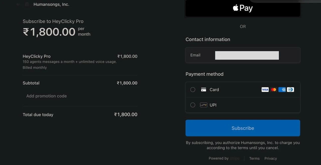 Stripe checkout for Heysen Pro priced in rupees with UPI as a payment method